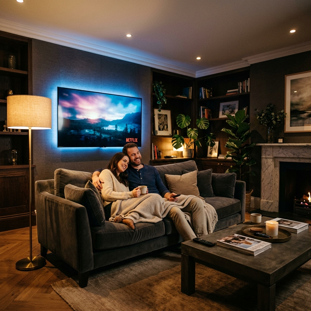 Happy couple watching Apollo Group Tv